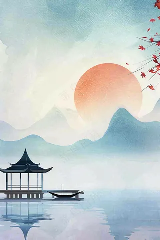 中国风山水凉亭霜降插画背景