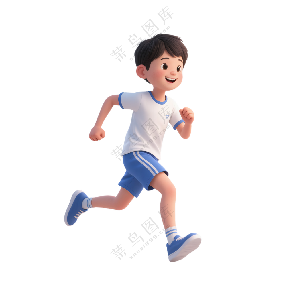 蓝+白色纯净3D风格跑步的男孩免抠PNG素材