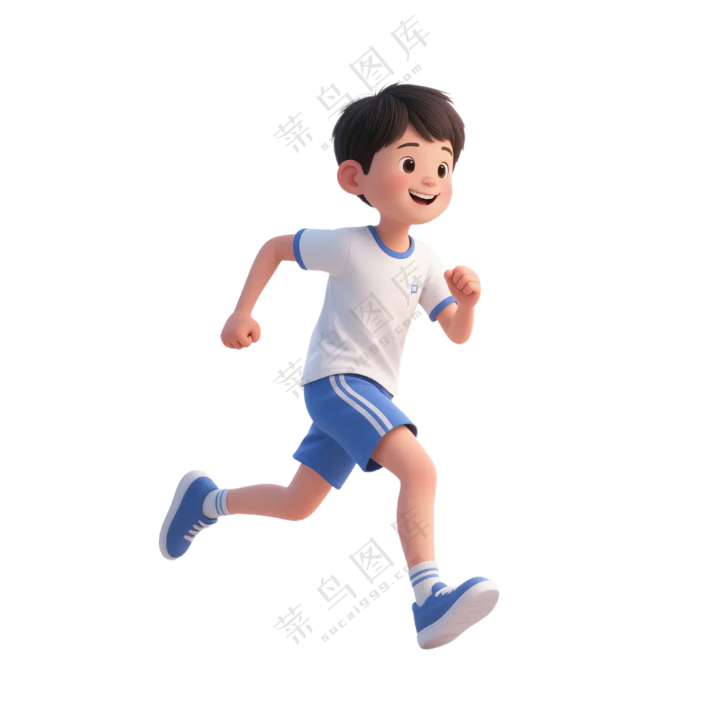蓝+白色纯净3D风格跑步的男孩免抠PNG素材