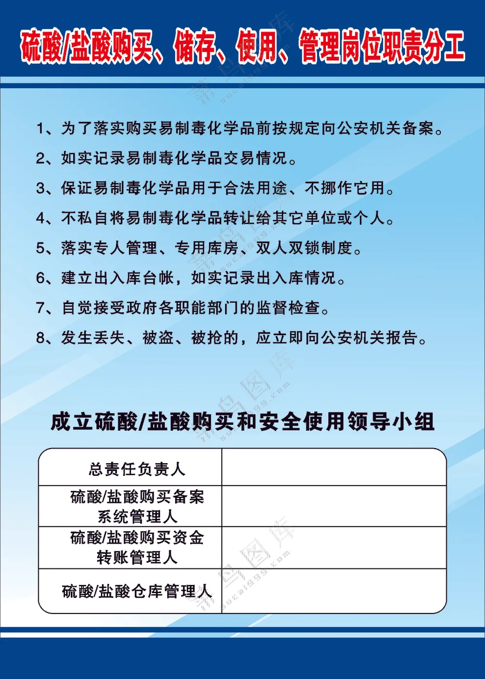 硫酸/盐酸购买、储存、使用、管理岗位职责分工