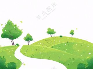草原青草树木卡通插画免抠