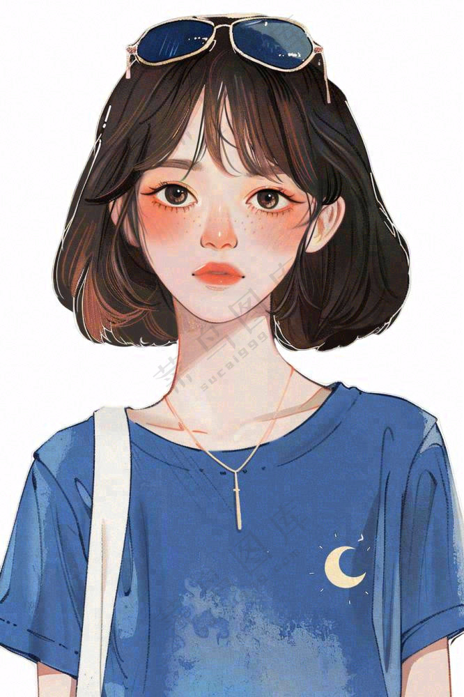 蓝色衣服的少女女生人物卡通插画免抠
