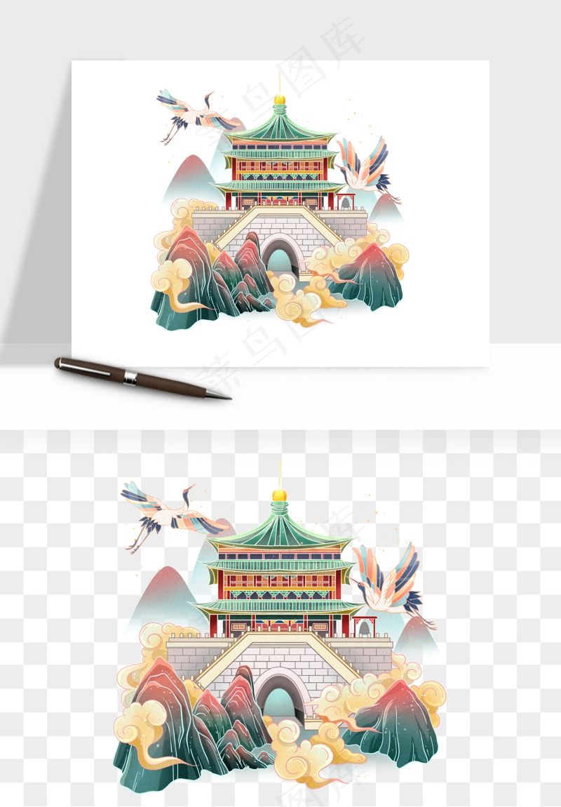 国潮城市地标山水建筑png免抠