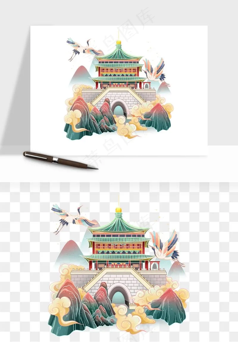 国潮城市地标山水建筑png免抠