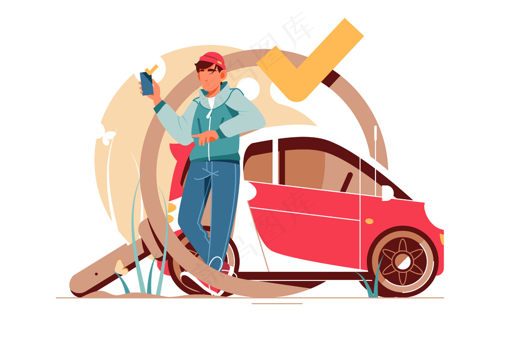 男生开车去探索 放大镜 彩色扁平插画