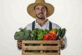 蔬菜农夫抱着一筐蔬菜食物摄影图