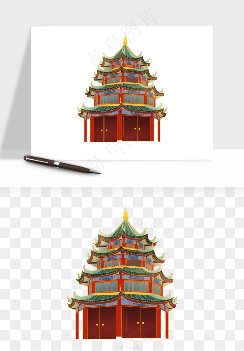 国潮风古建筑古楼古塔鼓楼psd,png免抠图(3000x3500)psd模版下载