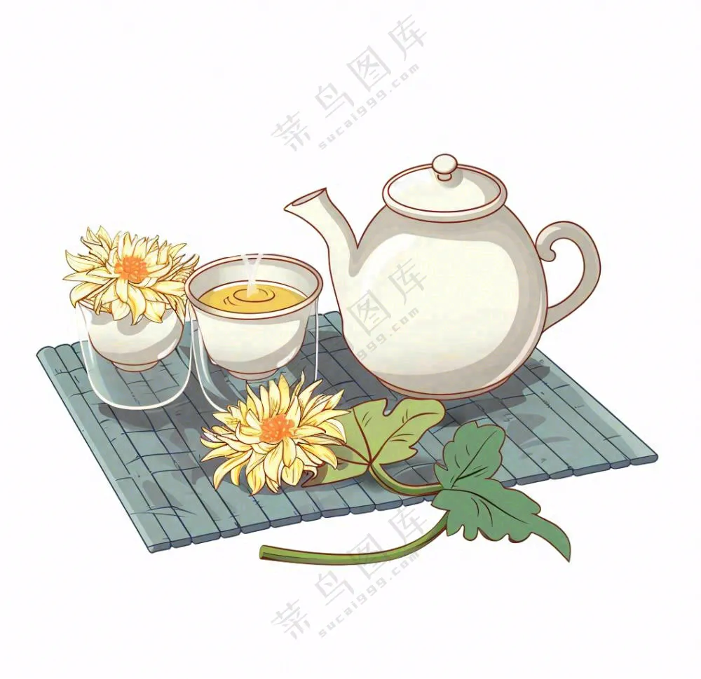 菊花茶茶壶喝茶插画免抠