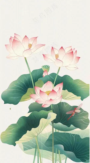 夏天荷花荷叶清凉小清新淡雅小暑大暑处暑插画背景