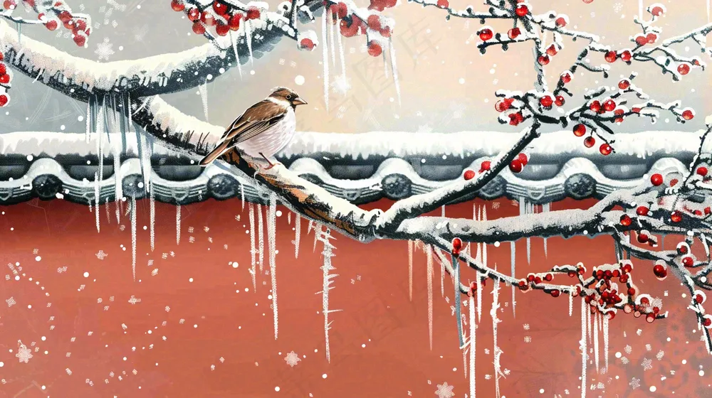 冬季大雪纷飞红色宫墙梅花枝条的小鸟国风插画立冬冬至大雪背景 