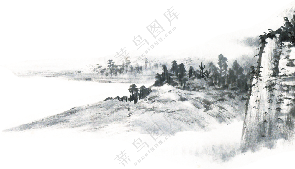 水墨手绘绘画创意高山树木PNG素材