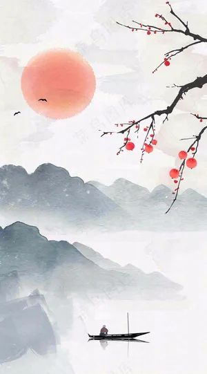 中国风山水秋冬柿子树霜降插画背景