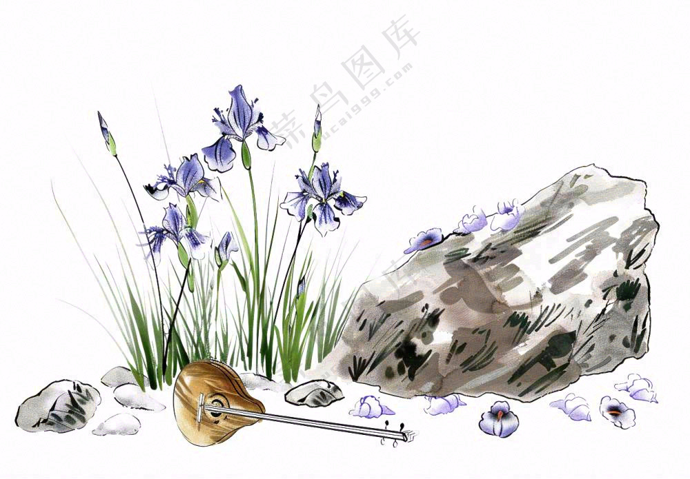 水渠石头旁紫色兰花生长蝴蝶水墨画插画免抠