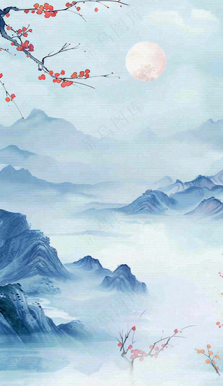 中国风山水秋冬柿子树霜降插画背景