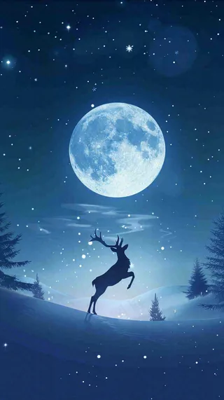 夜晚蓝色星空下的月亮麋鹿跃起平安夜插画背景