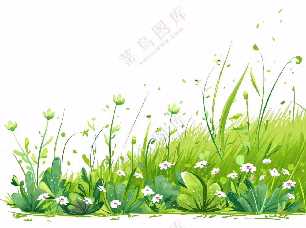 绿色草坪小草小花草原卡通插画免抠