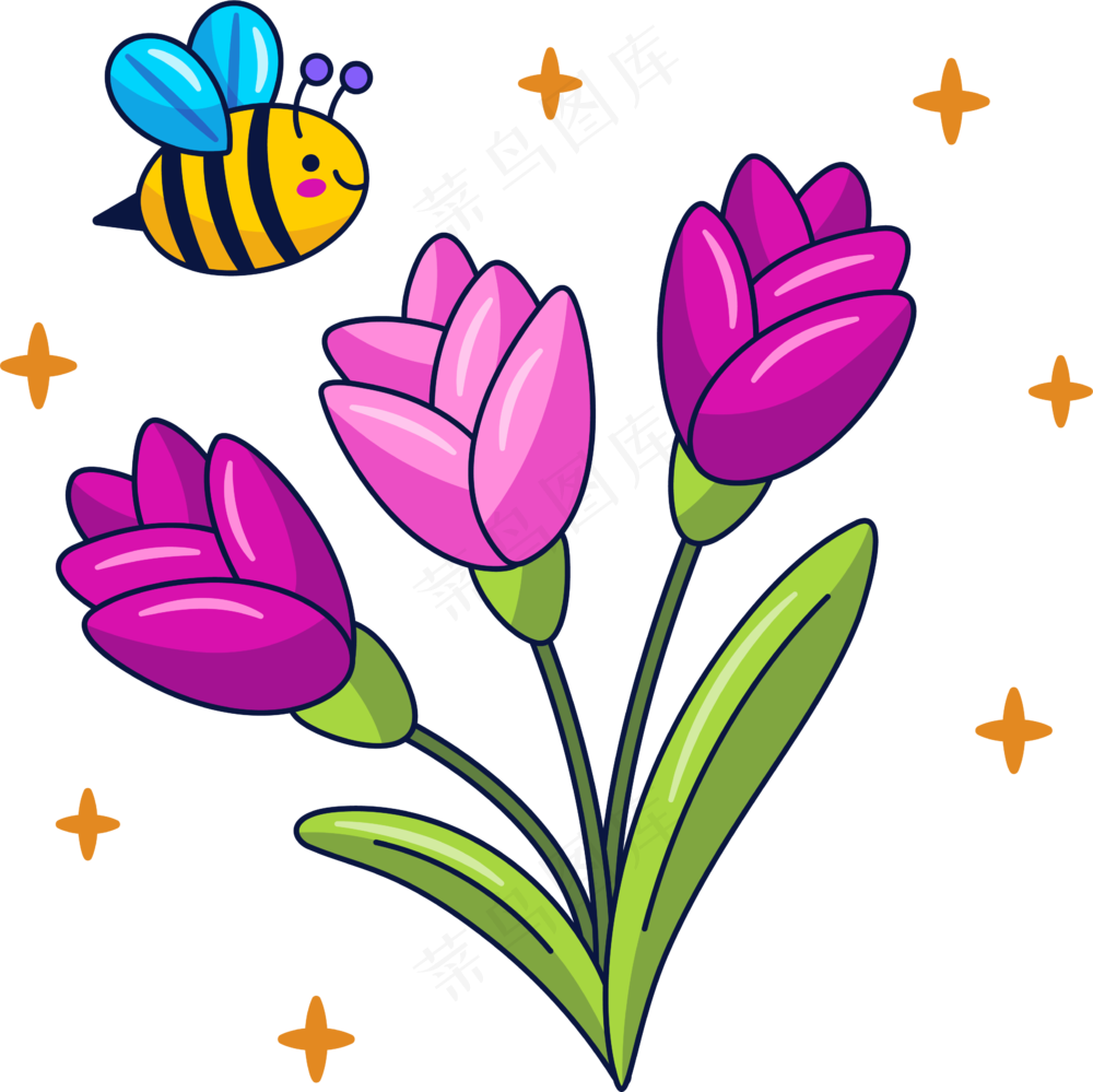 小蜜蜂采花蜜 鲜花 美式多巴胺插画 免抠透明底