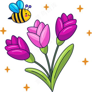 小蜜蜂采花蜜 鲜花 美式多巴胺插画 免抠透明底