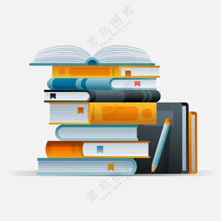 堆积在一起的书本办公文具