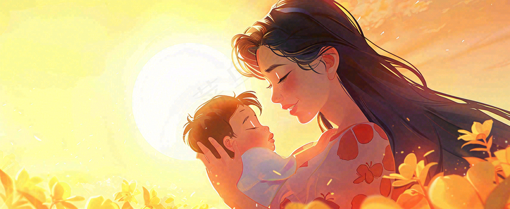 母亲节妈妈亲情抱着孩子鲜花光辉插画背景