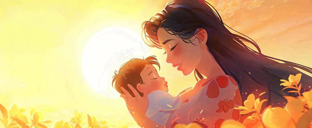 母亲节妈妈亲情抱着孩子鲜花光辉插画背景