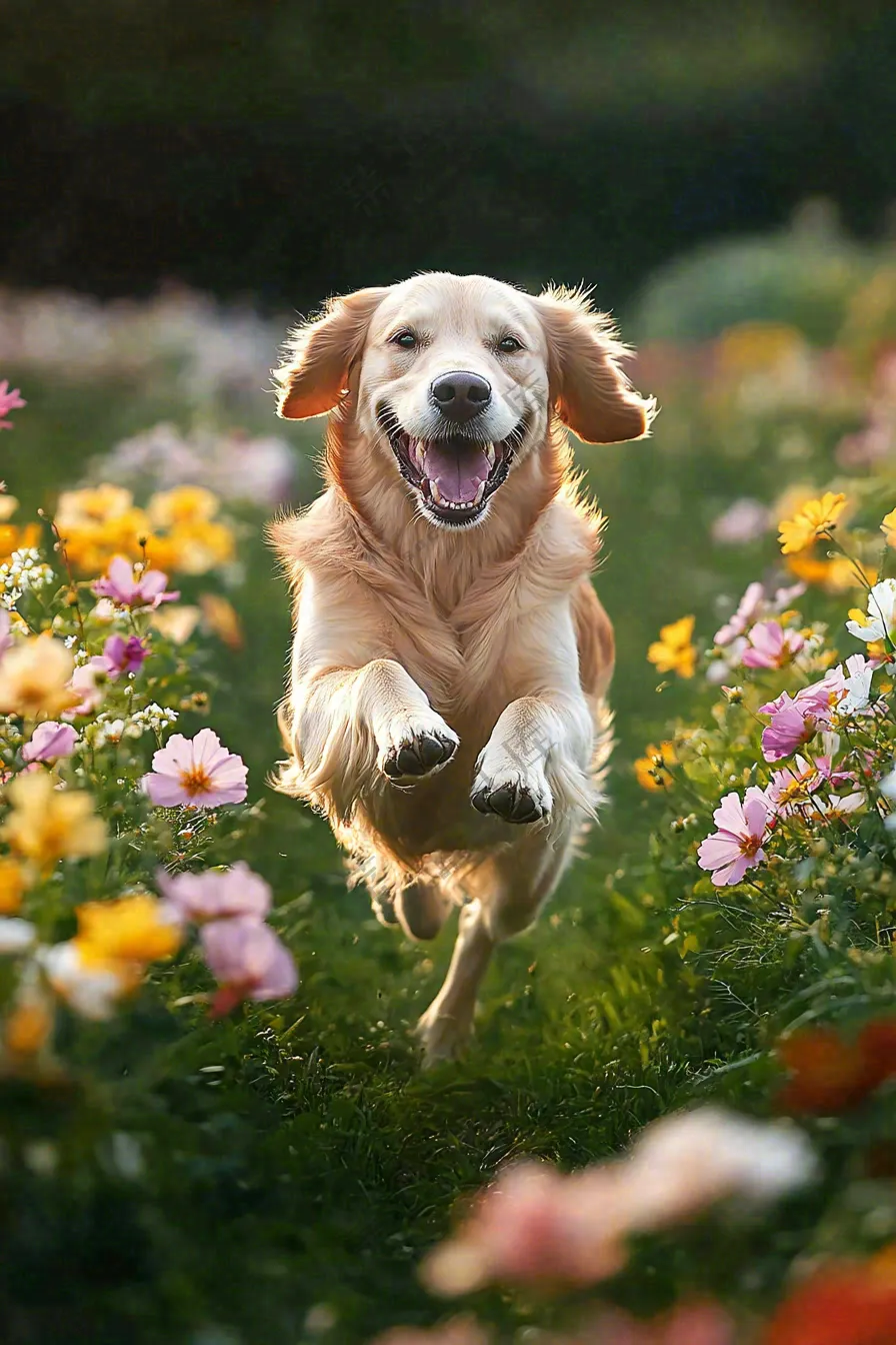 草丛里飞奔的金毛小狗宠物动物摄影图