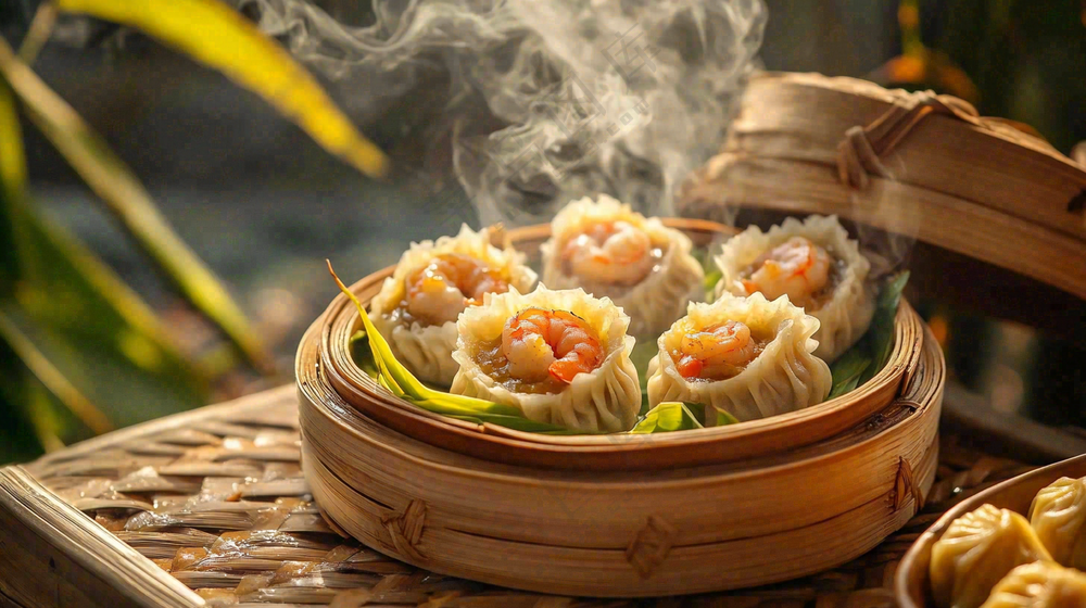 虾仁烧麦早点早餐美食摄影图