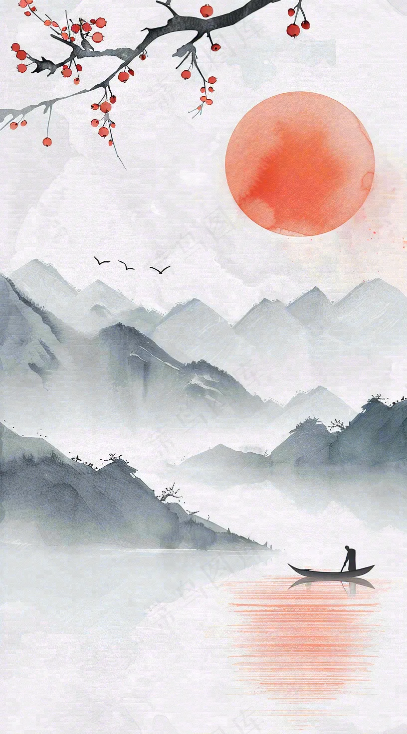 中国风山水秋冬柿子树霜降插画背景