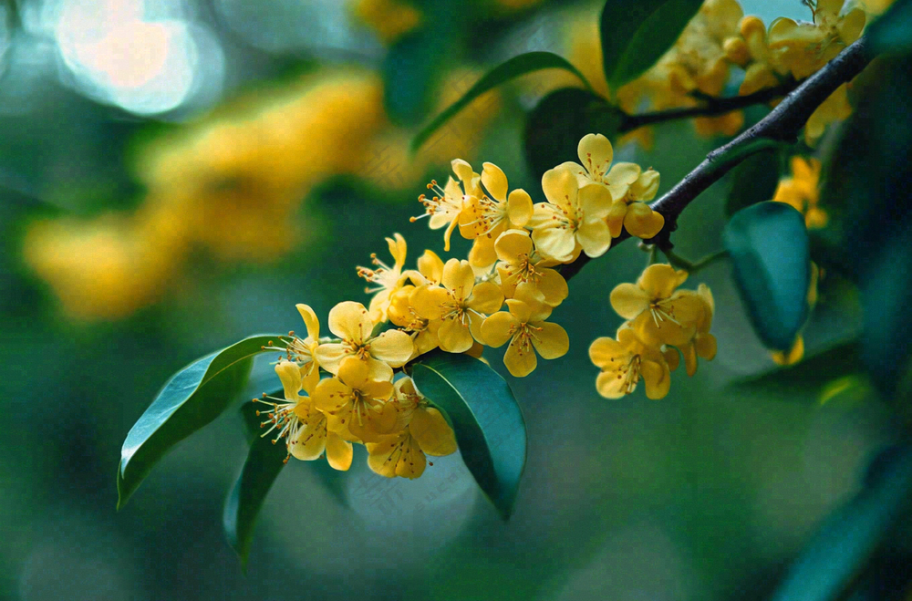 树枝上的小黄花植物摄影图