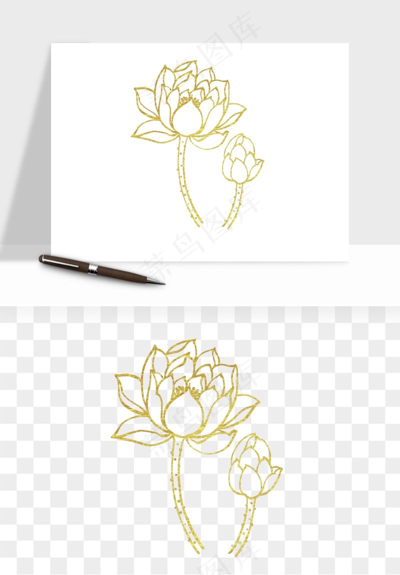 线描荷花莲花线条png免抠