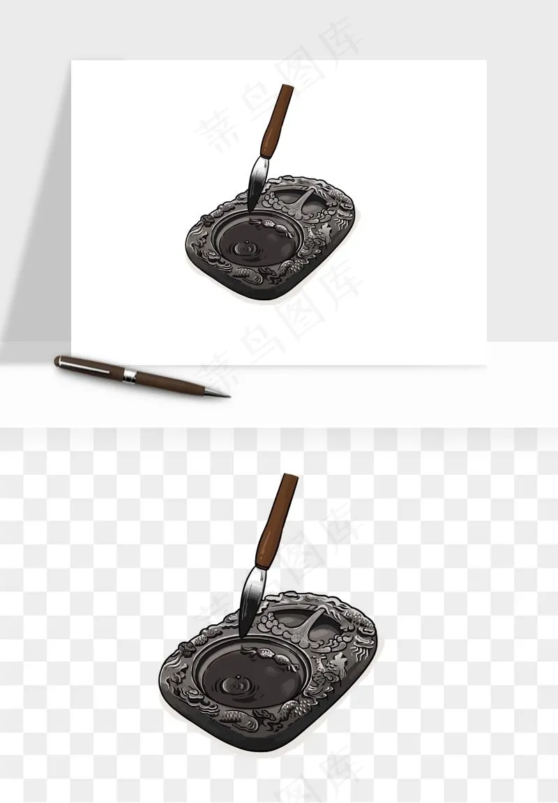 中式砚台毛笔书法png免抠