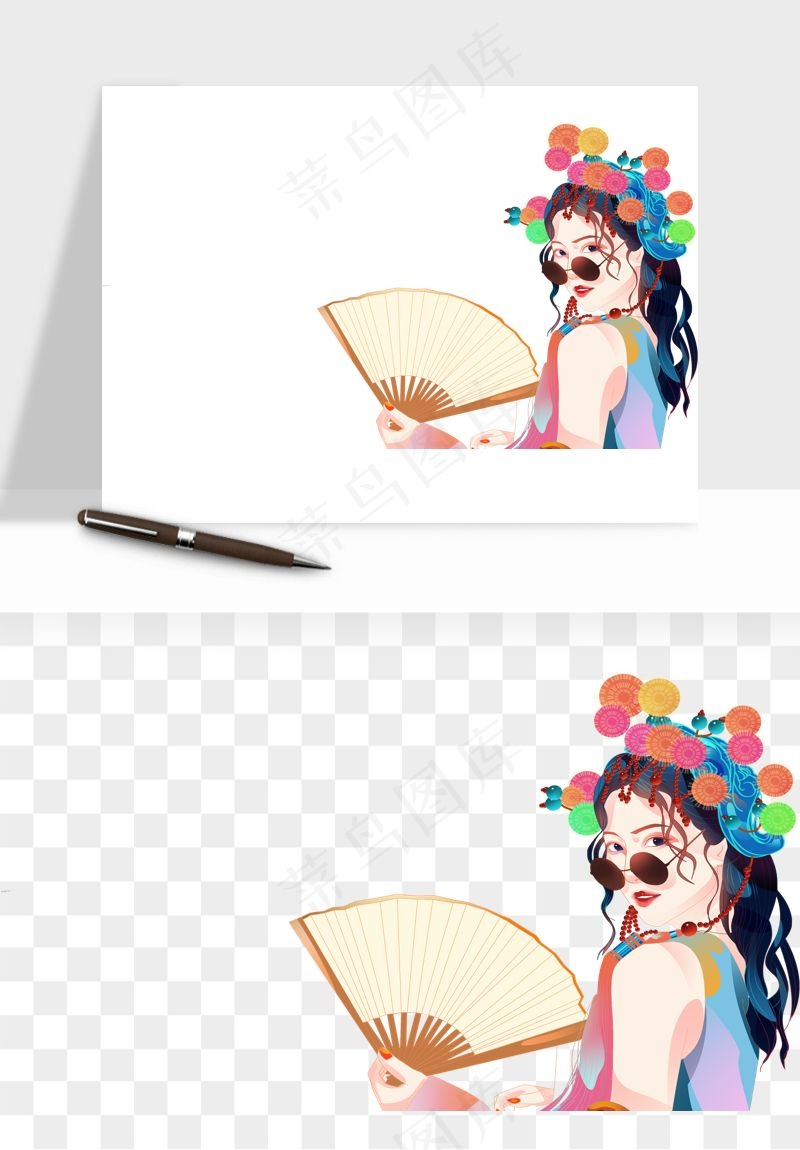 手绘国潮女性人物插画png免抠