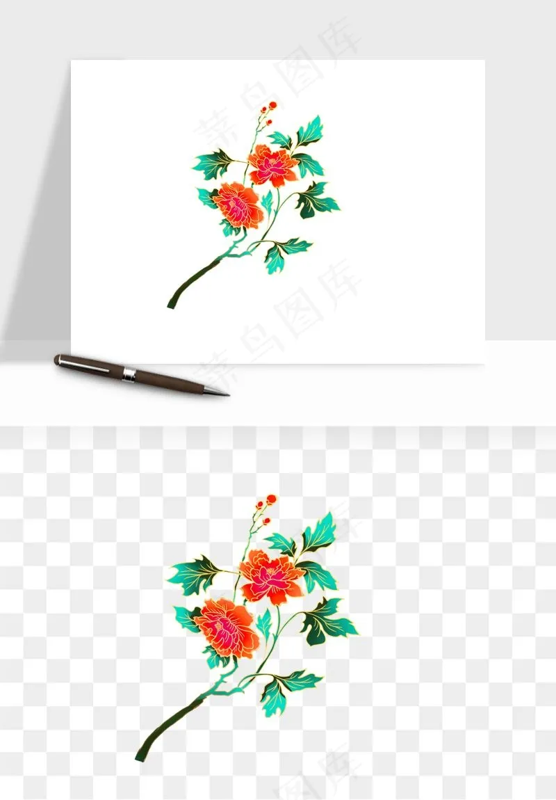 手绘国潮牡丹花花卉图案png免抠