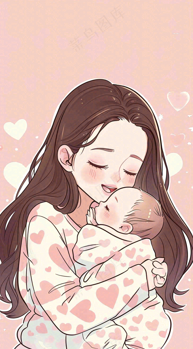 母亲节妈妈亲情抱着孩子鲜花光辉插画背景