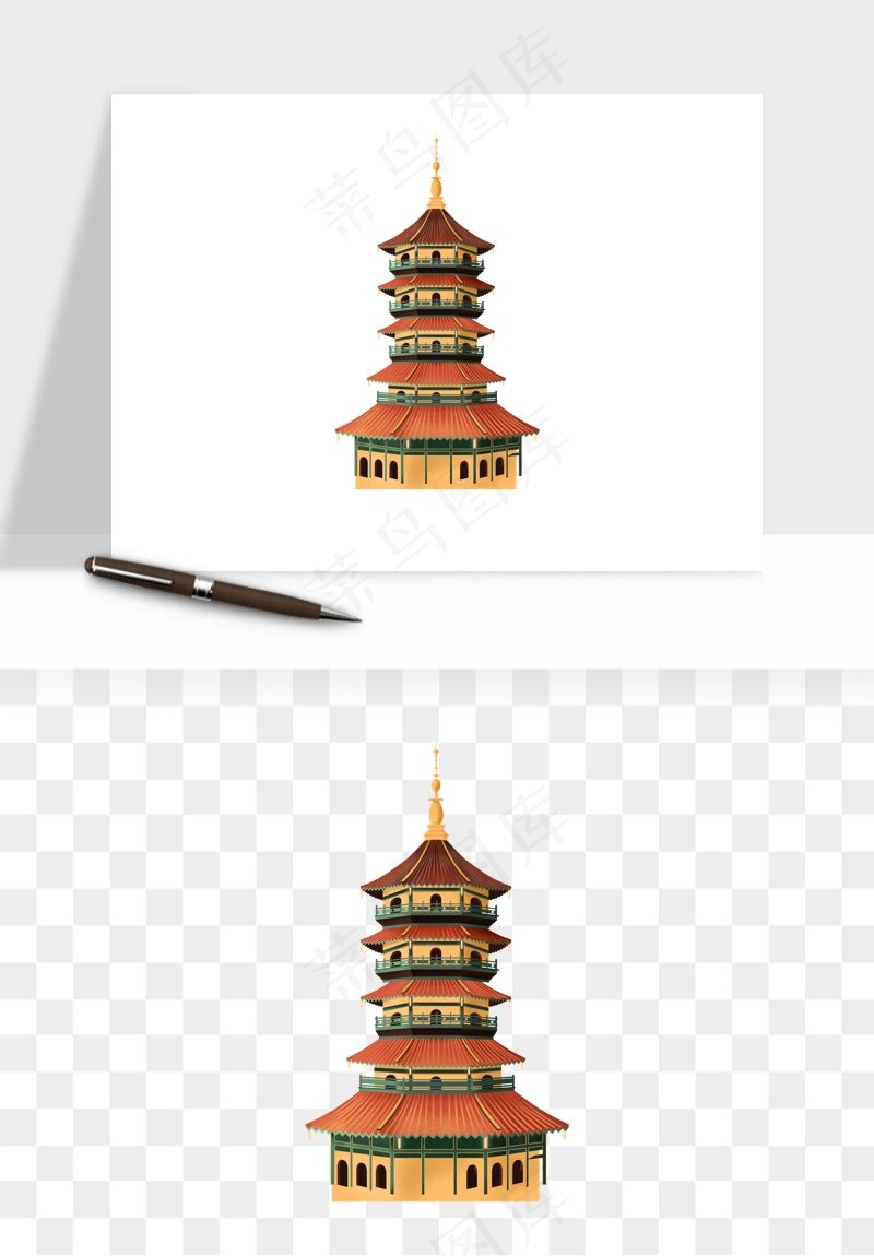 国潮高塔古塔楼建筑png免抠