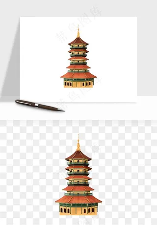 国潮高塔古塔楼建筑png免抠