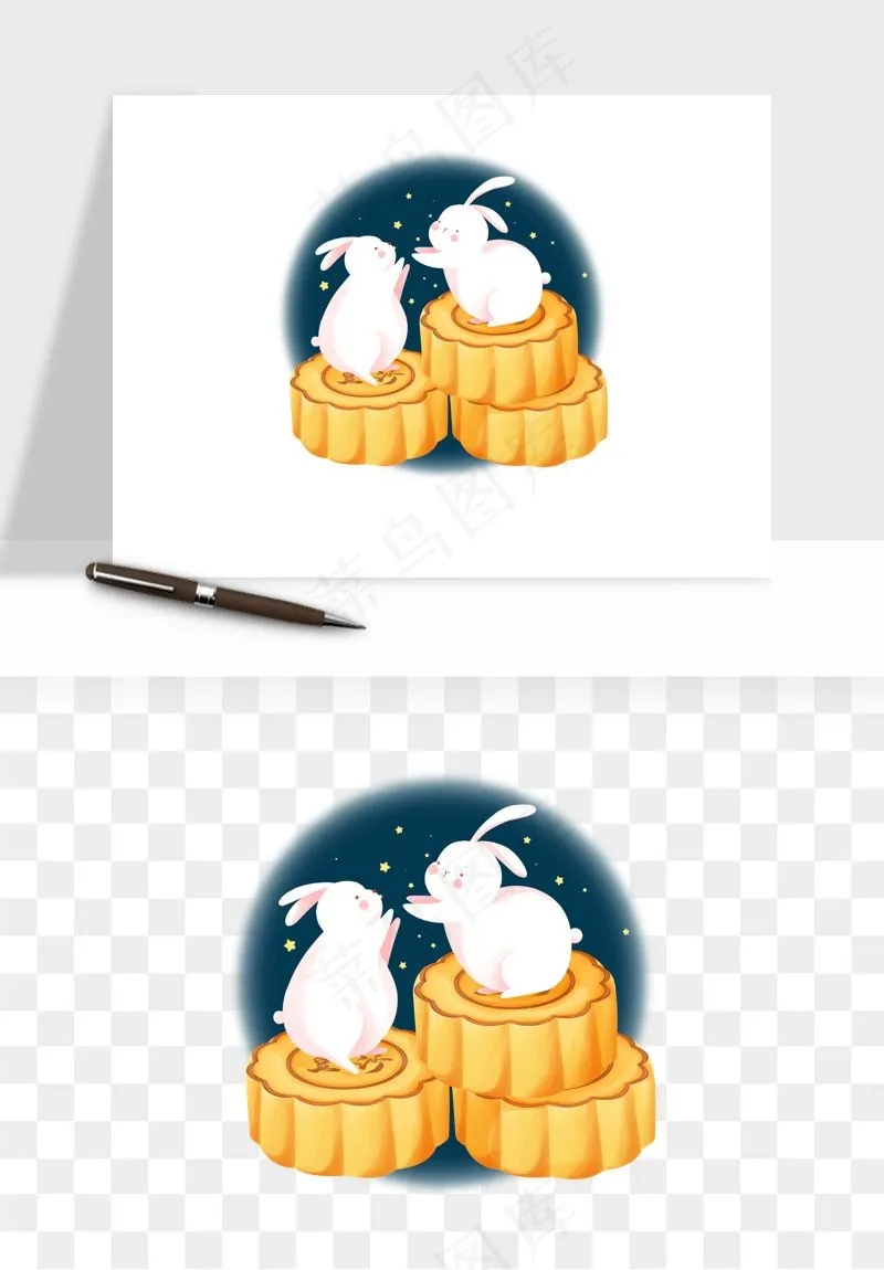 中秋月饼玉兔国潮插画png免抠