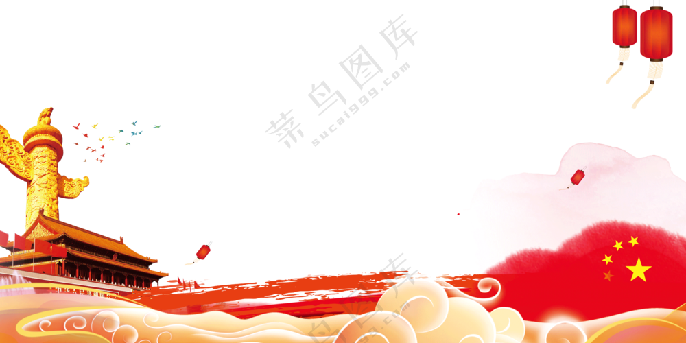 红灯笼与云纹华表元素边框装饰图片