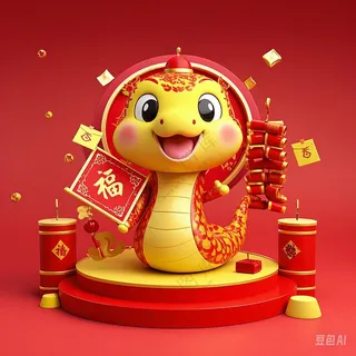 春节可爱的卡通蛇 有春联和福字 鞭炮 红包元素 AI生成中国风