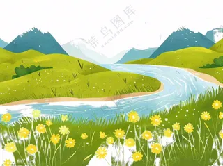 自然风景高原苔原湖泊新疆卡通插画免抠