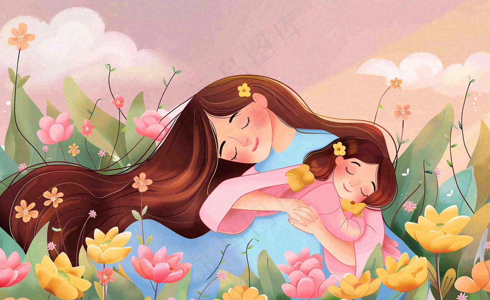 母亲节妈妈亲情抱着孩子鲜花光辉插画背景