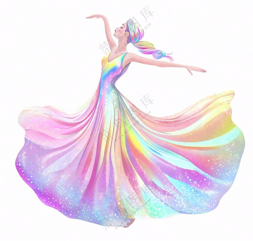 彩色裙子跳舞的少女美丽卡通插画免抠