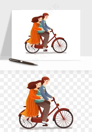 手绘自行车情侣人物png免抠