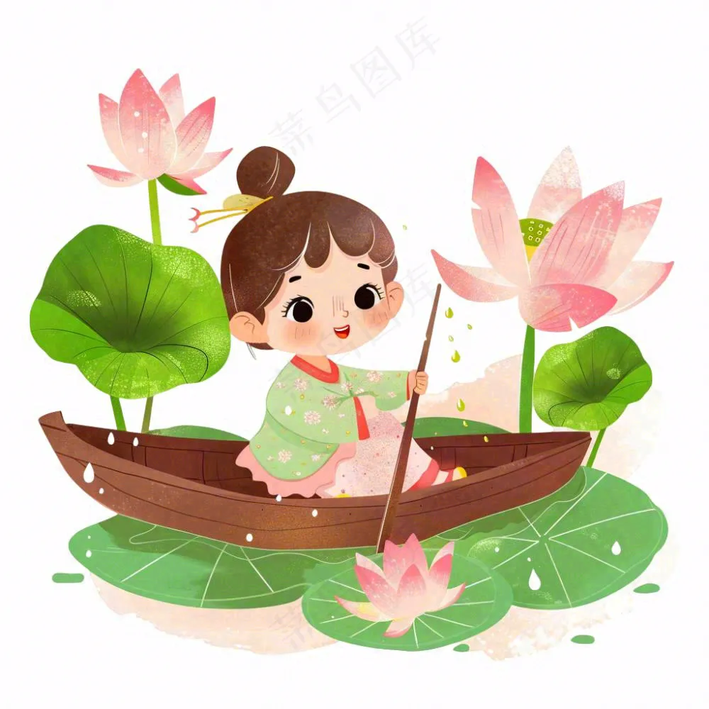 夏天池塘荷花荷叶划船的小女孩卡通插画免抠