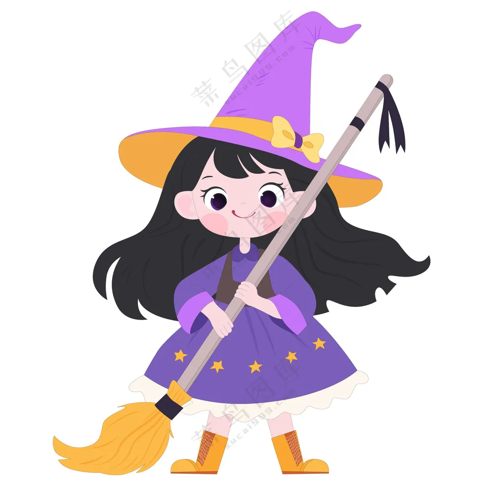 万圣节小女巫拿着魔法扫把可爱女孩卡通插画