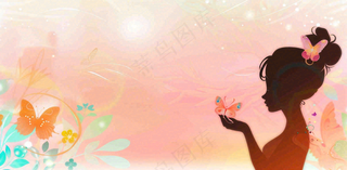 粉色女生美丽蝴蝶浪漫唯美妇女节插画背景
