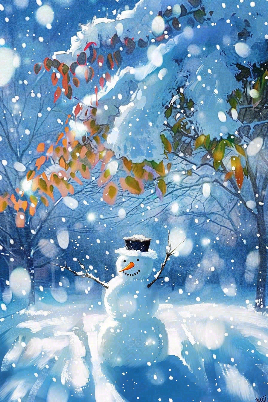 冬天夜晚大雪雪花飘零大树下的雪人唯美雪景插画大雪小雪背景
