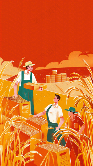 红色插画土地收成粮食农民辛勤劳作劳动节卡通插画背景