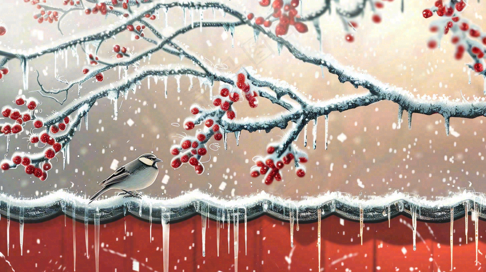 冬季大雪纷飞红色宫墙梅花枝条的小鸟国风插画立冬冬至大雪背景