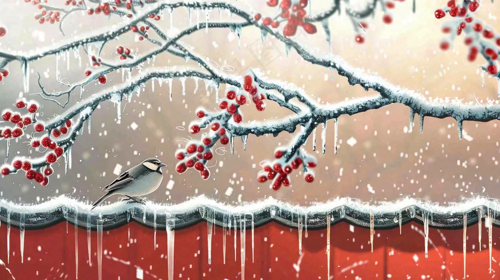 冬季大雪纷飞红色宫墙梅花枝条的小鸟国风插画立冬冬至大雪背景 